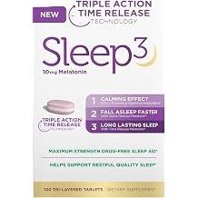 NB Sleep3 Triple Action Time Release Melatonin Sleep Aid, 10mg, Maximum Strength, Drug-Free, 120 Tri-Layered Tablets, with L-Theanine