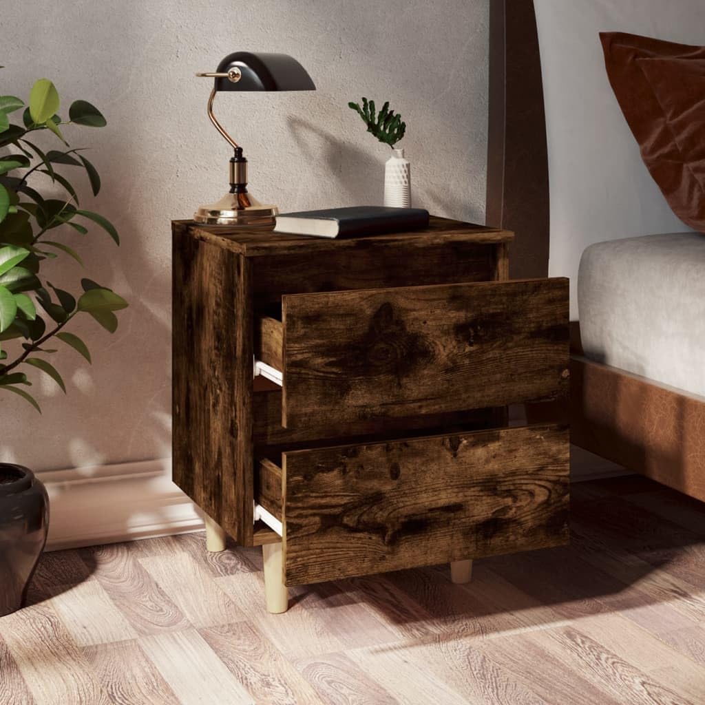 Table de chevet avec pieds en bois massif, 2 pièces, chêne fumé, 40 x 35 x