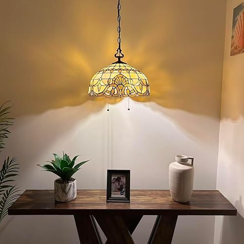 Miniatura 2 de Tiffany - Lámpara colgante de estilo barroco dorado con enchufe de vitrales dorados, bombillas LED incluidas para comedor, sala de estar, 16