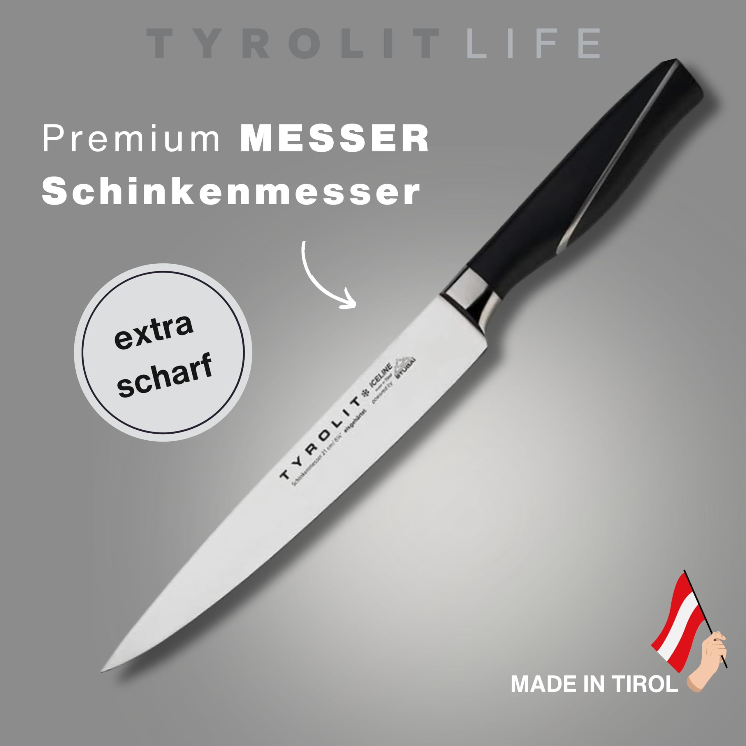 Tyrolit LIFE Schinkenmesser - 21 cm Edelstahlklinge, mehrfach eisgehärtet - flexibles Küchenmesser für Fisch, Fleisch und Gemüse - Made in Tirol