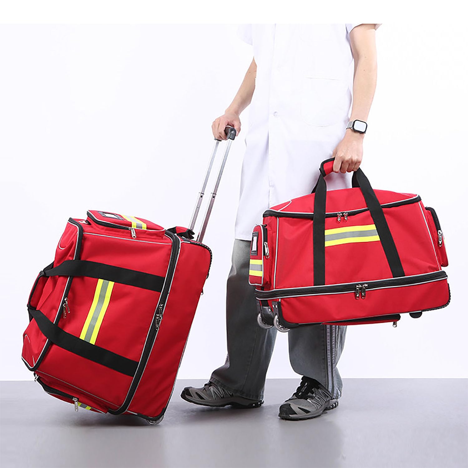 Bolsa médica con ruedas, bolsa de emergencia de primeros auxilios con tiras reflectantes, ruedas, barra telescópica y correa para el hombro para organizar equipo de rescate y senderismo, Orange, L