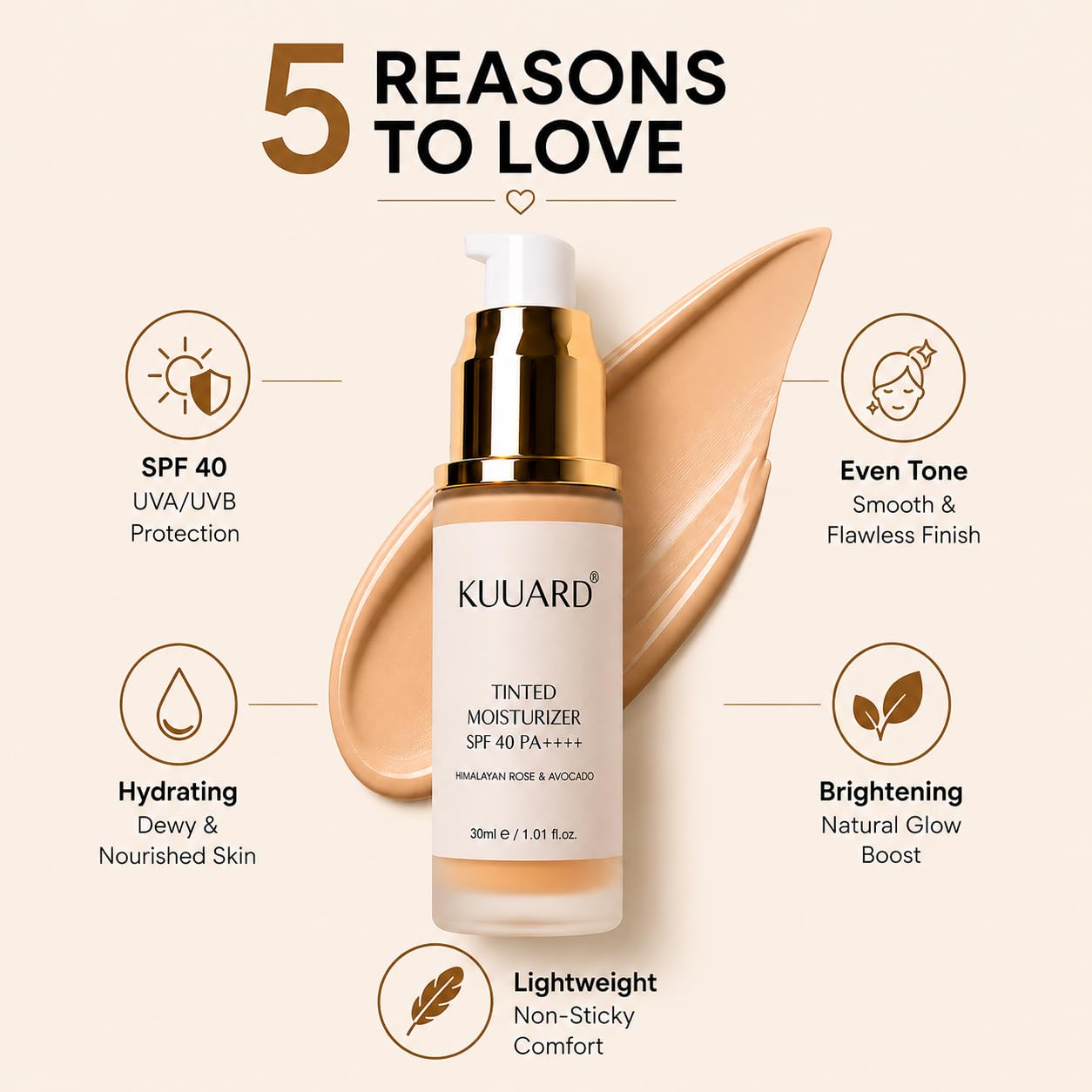 Kuuard Glow Tinted Sunscreen Moisturizer SPF 40++ With New-Age UV Filters, Brightens & Protects Skin, Ultra-light, Blends Easily, With Niacinamide, Natural Finish, Non-Sticky | Universal Shade | 30ml 3