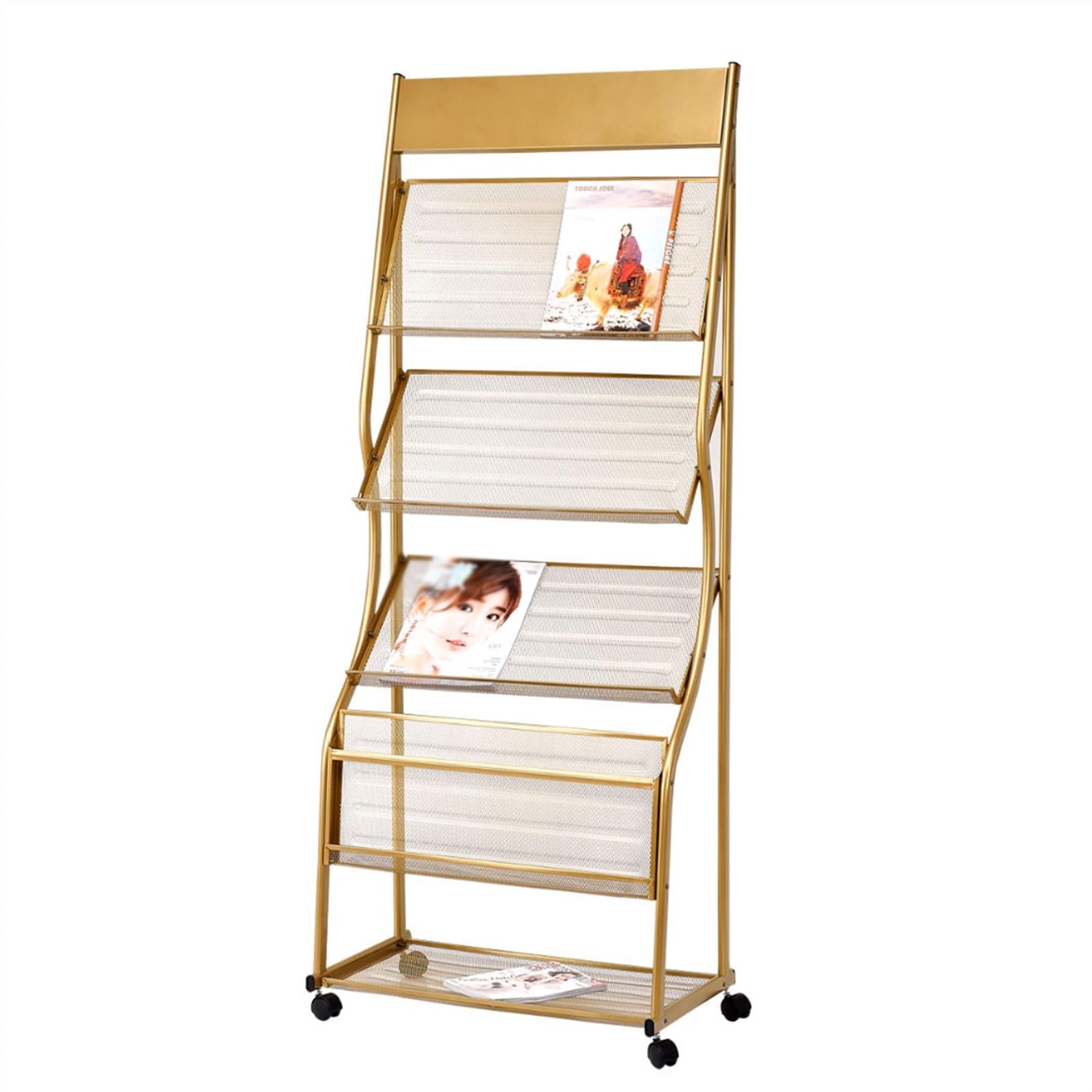 ASerZenith Floor-standing Display Rack, Floor-Standing Magazine Rack, 4-Layer Iron Wheeled Newspaper Rack, Brochure Display Stand for the Display of Brochures or Documents,for Exhi (Gold)