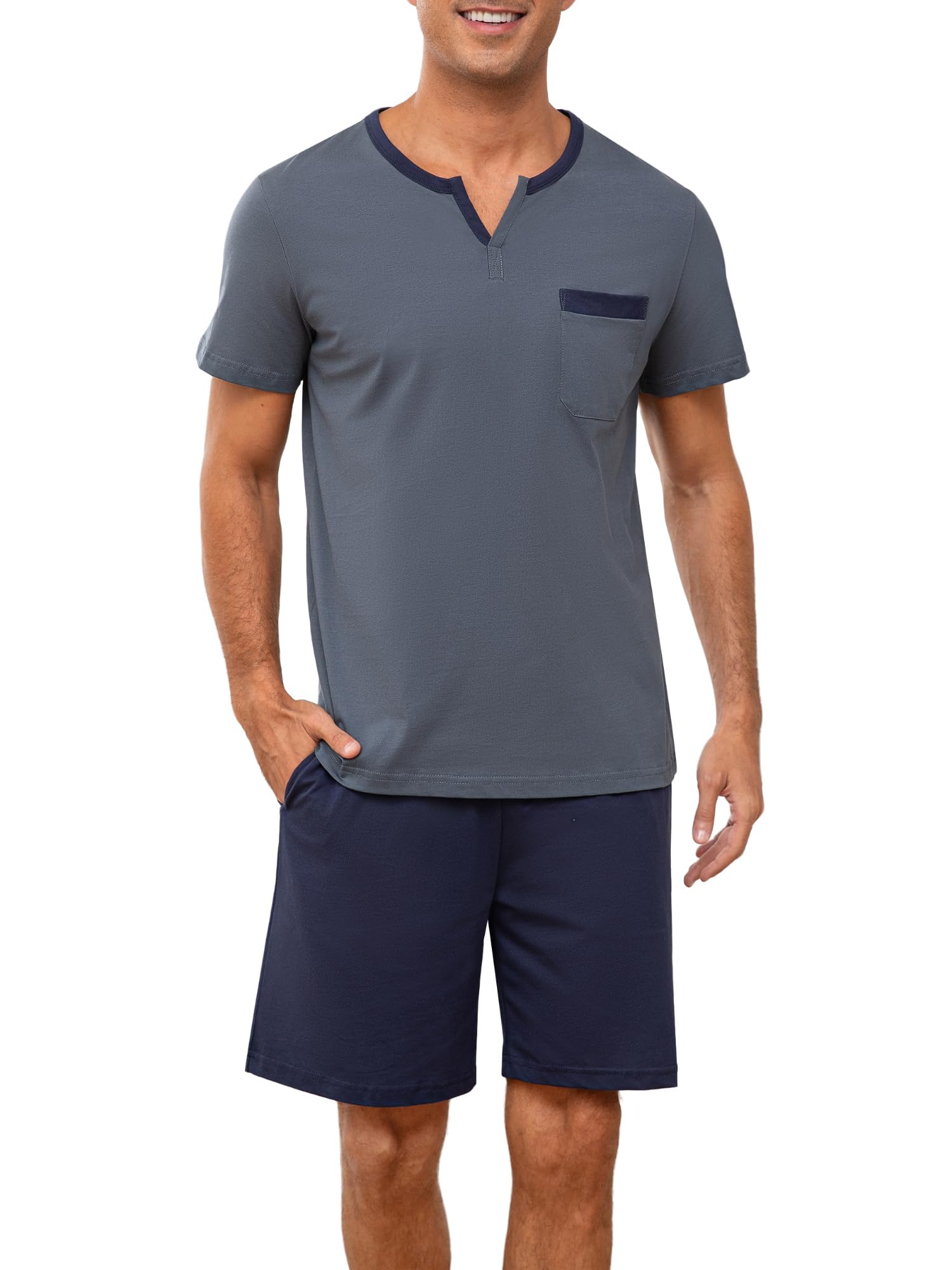 Winovia Herren Schlafanzug Kurz aus 100% Baumwolle - Sommer Nachtwäsche Set mit V-Ausschnitt & Brusttasche, Weich Atmungsaktiv Hausanzug Männer Zweiteilig, Kurzarm Shirt & Schlafshorts