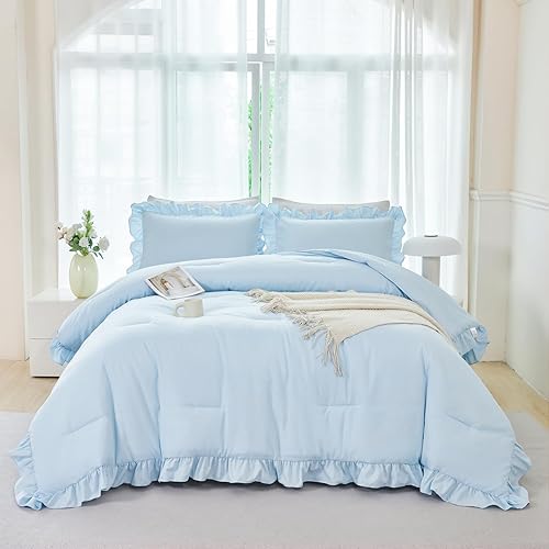 ANGIYUIN 5 Pieces Light Blue Full Bed in A Bag for Kids Girls Ruffle Bedding Sets Boho Comforter Set Vintage Farmhouse Bedding Comforter Sets with Sheets(Light Blue Full) - Light Blue - Full(5Pcs)