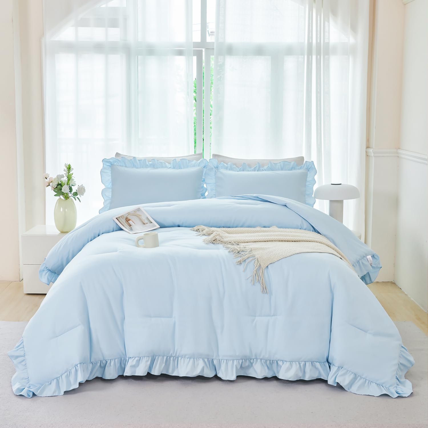 ANGIYUIN 5 Pieces Light Blue Full Bed in A Bag for Kids Girls Ruffle Bedding Sets Boho Comforter Set Vintage Farmhouse Bedding Comforter Sets with Sheets(Light Blue Full)