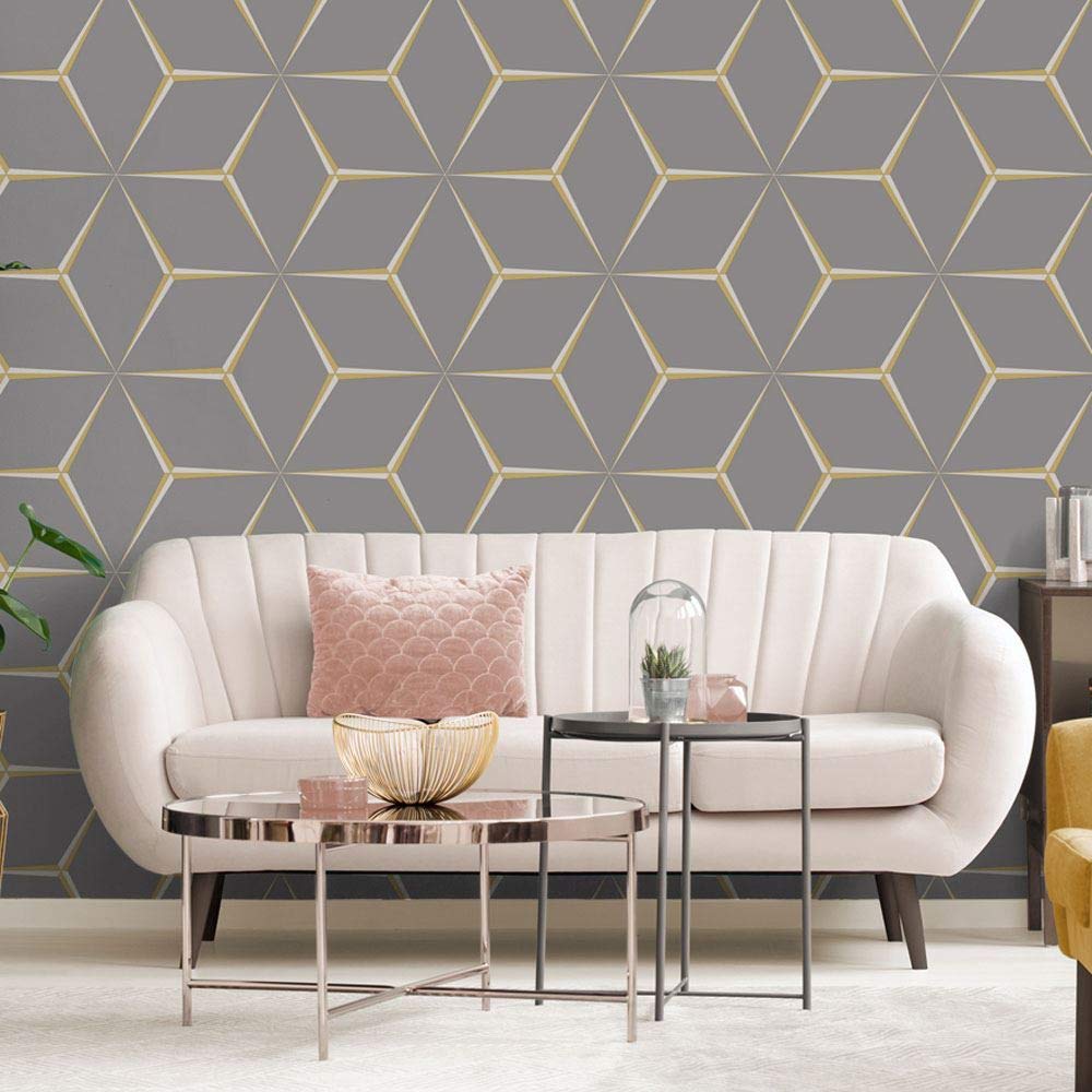 Grey Yellow 3D Geometric Wallpaper Glitter Shimmer Feature Belgravia Harper