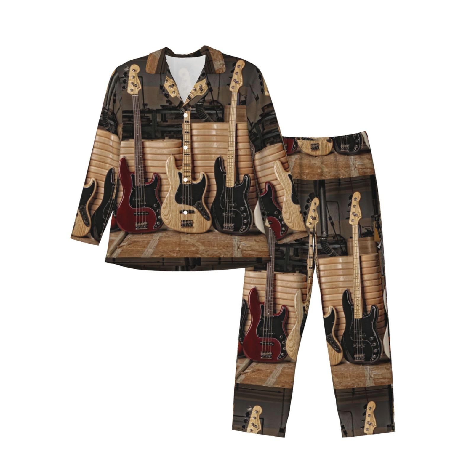 Pocuk Men's Black Guitar Bass Music Musical Instruts Long-Sleeved Pajama Set Loungewear Leisure Loose Nighttime Sleep Relax