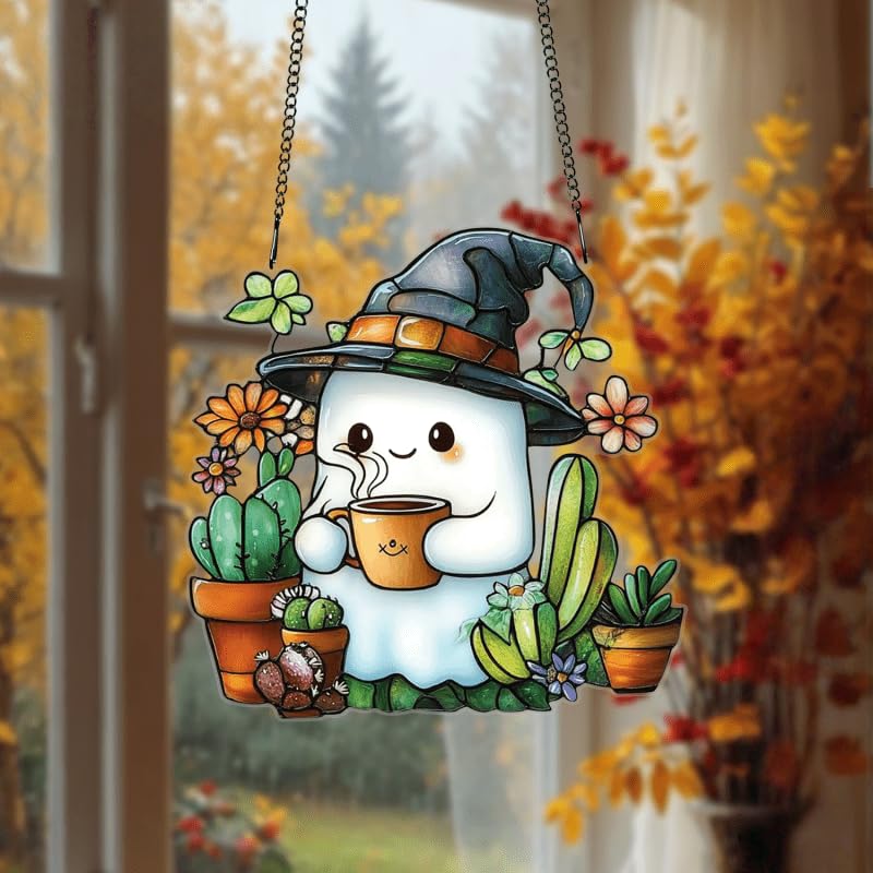 2D Halloween Window Hanging Decoration - Cute Ghost with Witch Hat, Coffee and Succulent Plant for Friends and Family at Halloween Home, Birthday Party Hanging Decoration, Christmas,Thanksgiving