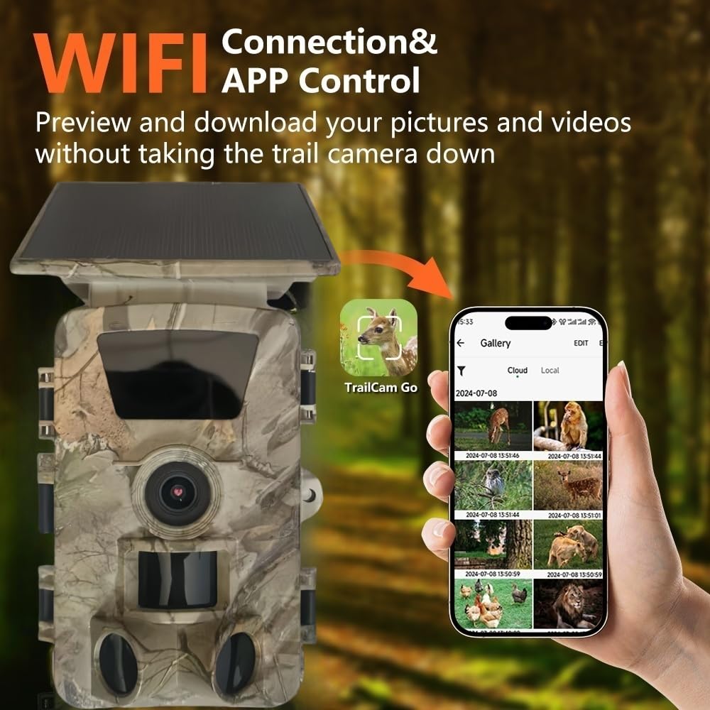 Wildkamera Solar WLAN mit Handyübertragung App, 5K HD Video WiFi Bluetooth Wildtierkamera mit Nachtsicht Bewegungsmelder, 5200mAh Solarpanel Akku 32GB SD-Karte Wildcamera Outdoor IP66 Wasserdicht