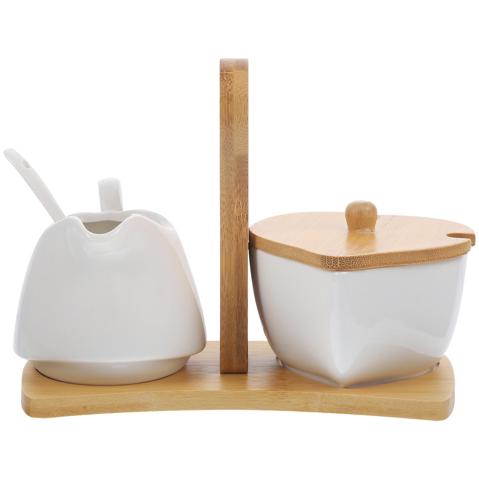 Set Contenitori per Zucchero e Latte in Porcellana Bianca con Cucchiaino | Vassoio in Bamboo Incluso, Design Semplice Creativo, Adatto per Casa e Inaugurazione