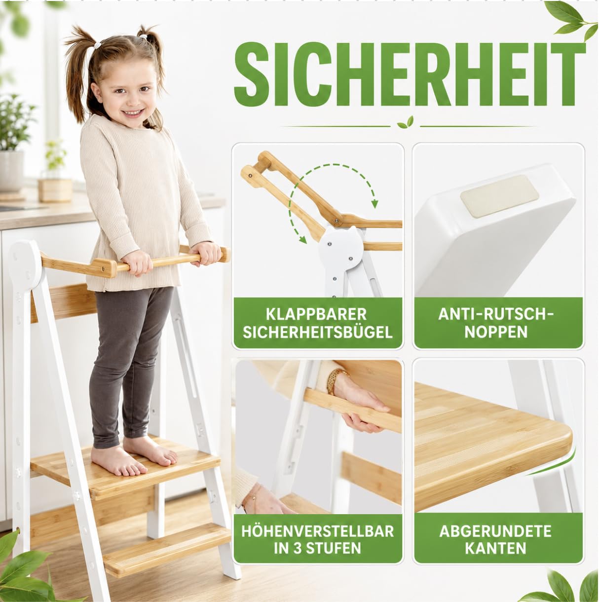 Lernturm Montessori aus Bambus, Klappbar, Tritthocker, Schemel für Kinder | Platzsparend, Höhenverstellbar, Kippschutz & Anti-Rutsch-Trittfläche, Für Kinder ab 1 Jahr