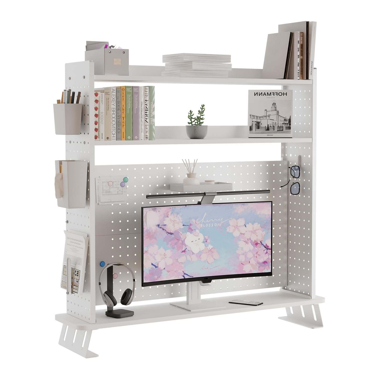 Boltmol 2-Tier Desk Shelf With Monitor Riser,White 100CM, Desktop Organizer With Pegboard, Countertop Storage Bookcase For Home, Office Or Dorm