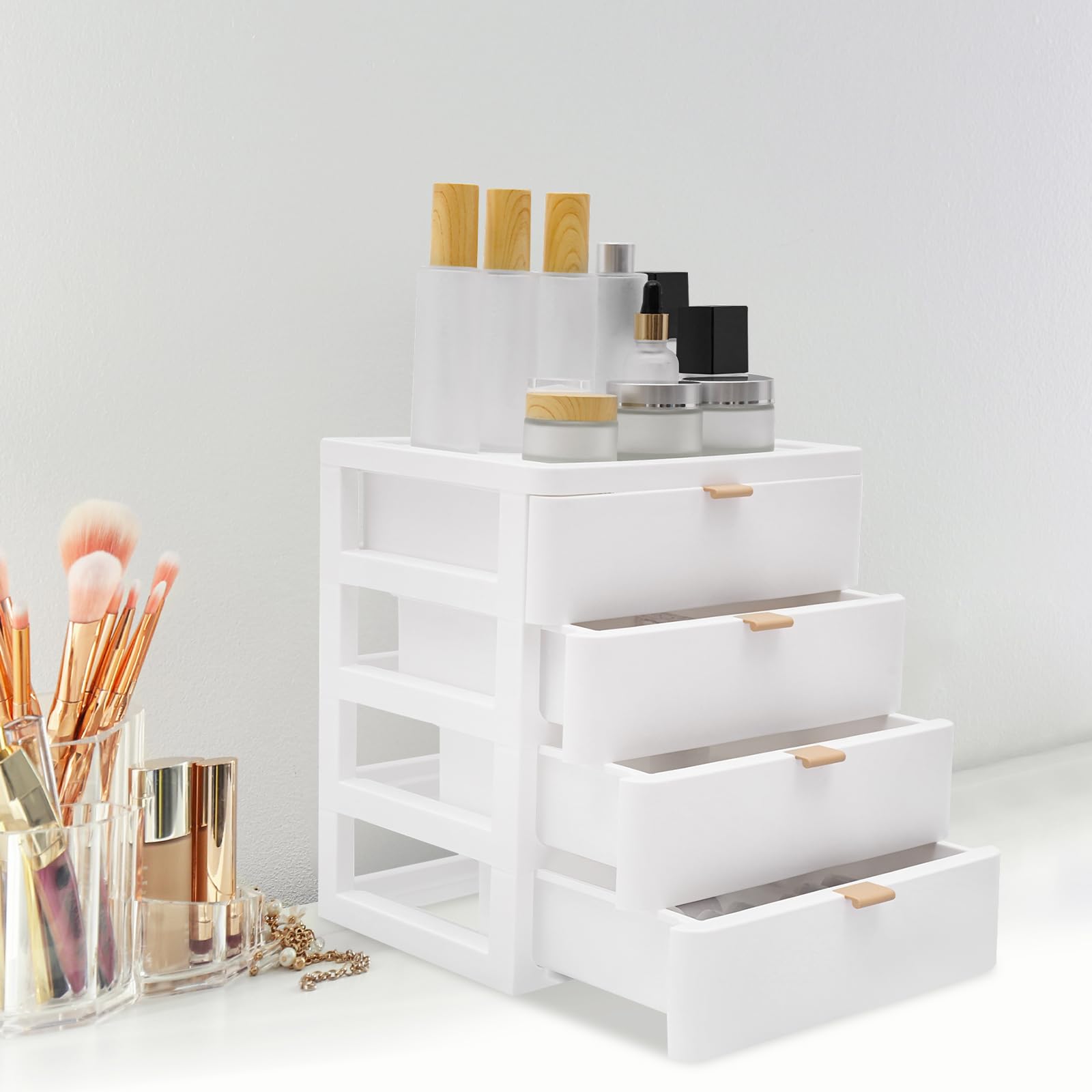 Organizer da scrivania con 4 cassetti, per libri, gioielli, cosmetici, 26 x 20,2 x 29 cm, bianco