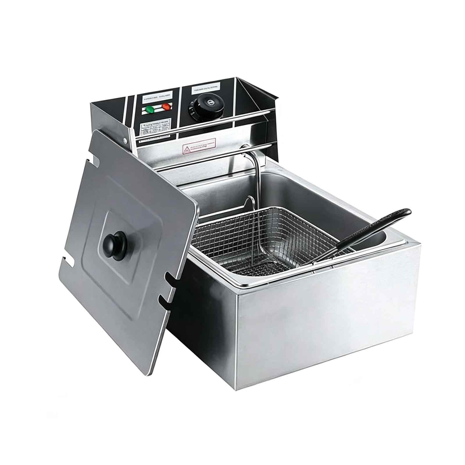 Kortemora 6L Electric Deep Fat Fryer, Stainless Steel Commercial Countertop Fryer with Basket & Lid, 2500W Single Tank Deep Fryer for Chips Chicken Fish, Adjustable Temperature up to 200°C, UK Plug