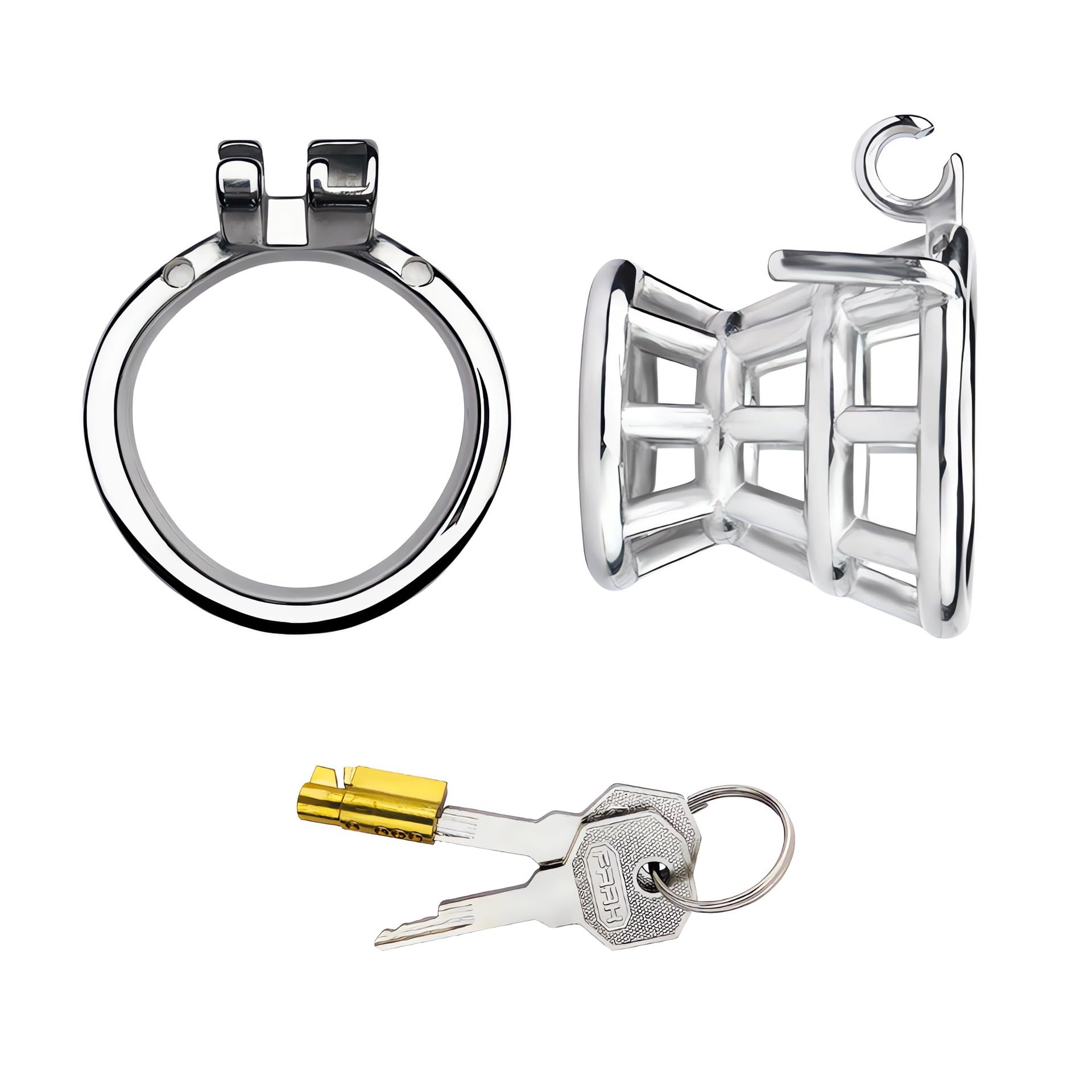 AAKOMA Cage de chasteté masculine en acier inoxydable, dispositif de verrouillage de chasteté creux négatif, jouets de stimulation sexuelle, cage à pénis, jouet sexuel (anneau incurvé 50 mm)