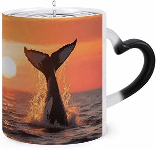 Color Changing Cup with Heart Shape Handle, Sunset Humpback Whale | Ceramic Heat Sensitive Discoloration Mug,Personalized Coffee Mug Home and Office Use for Birthday,Graduation Gift