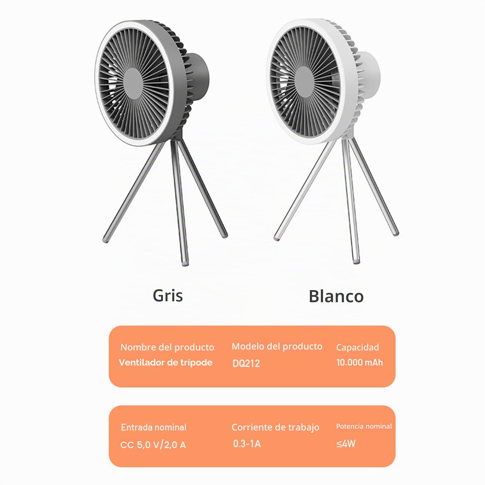 Ventilador de tienda con trípode, ventilador de escritorio con luz, 18 x 18 cm, 560 g, 10000 mAh, tiempo de trabajo 27 H (gris)