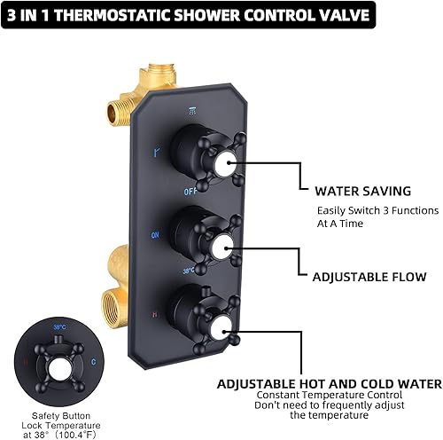 Miniatura 3 de Sistema de ducha termostático de metal de 9 pulgadas, juego de grifo de ducha negro mate de 3 pulverizadores, cabezal de ducha de lluvia con chorros