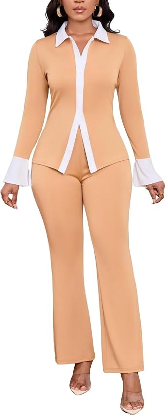 Womens 2 Piece Pantsuits Business Suit Set Long Sleeve Button Down Shirt Top Wide Leg Pants Set Work Office Outfits