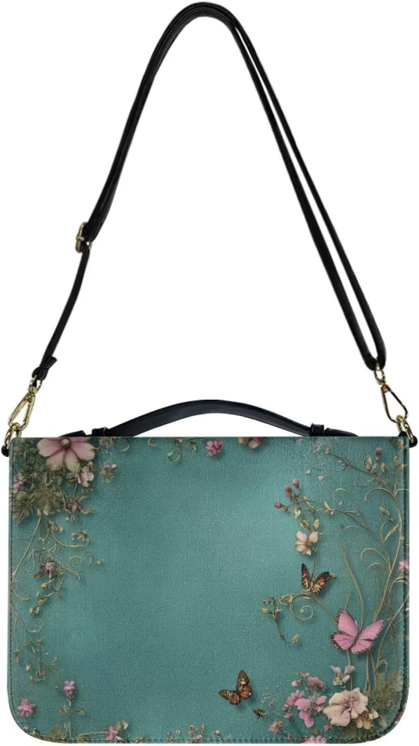 Green Bible Cover Case for Women Girls Leather Large Bible Tote Bag Journaling Supplies Accessories,Pink Flowers and Butterfly