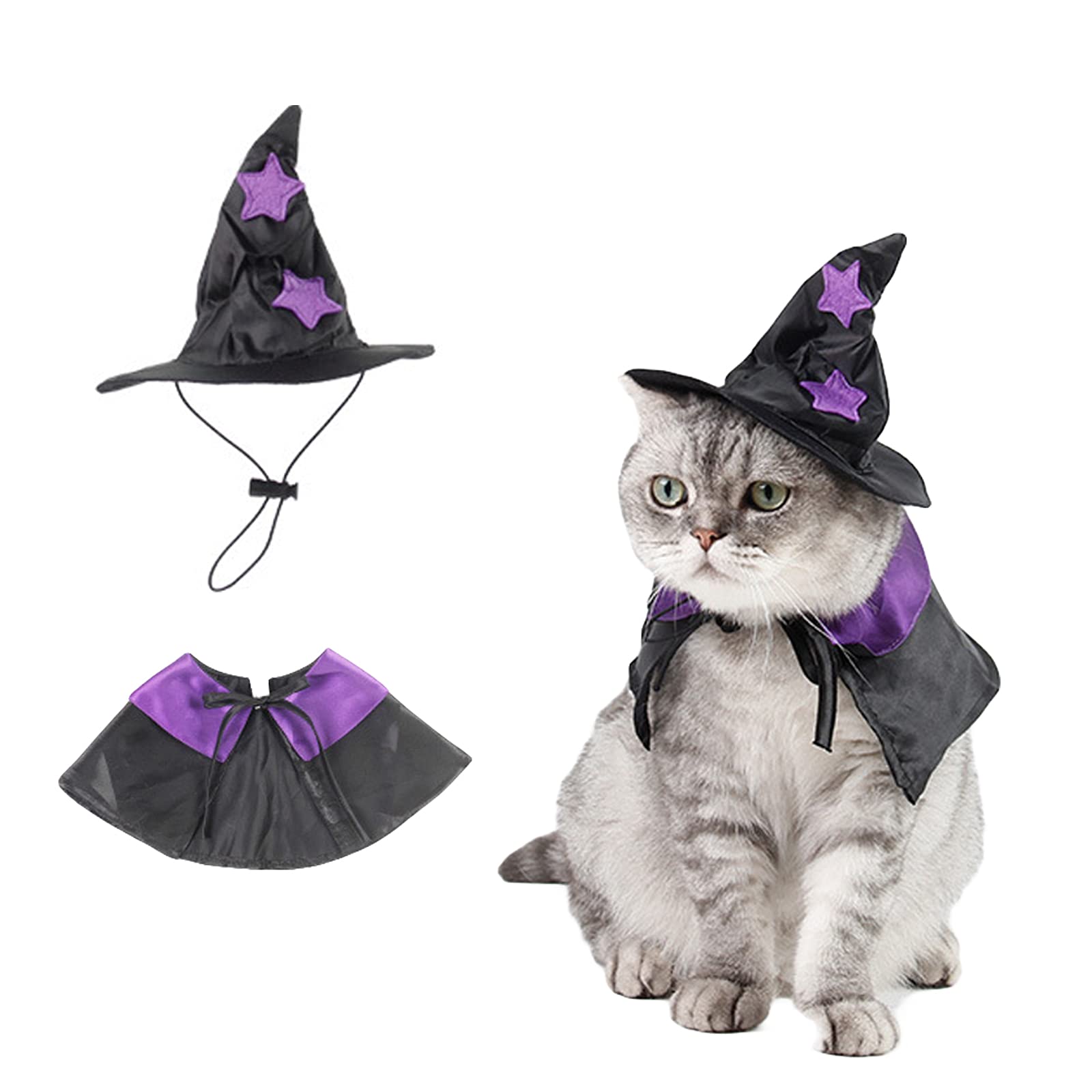 AWOCANHalloween Pet Cloak Witch Hat Witch Cloak Costume for Small Dogs and Cats Halloween Clothes (L)
