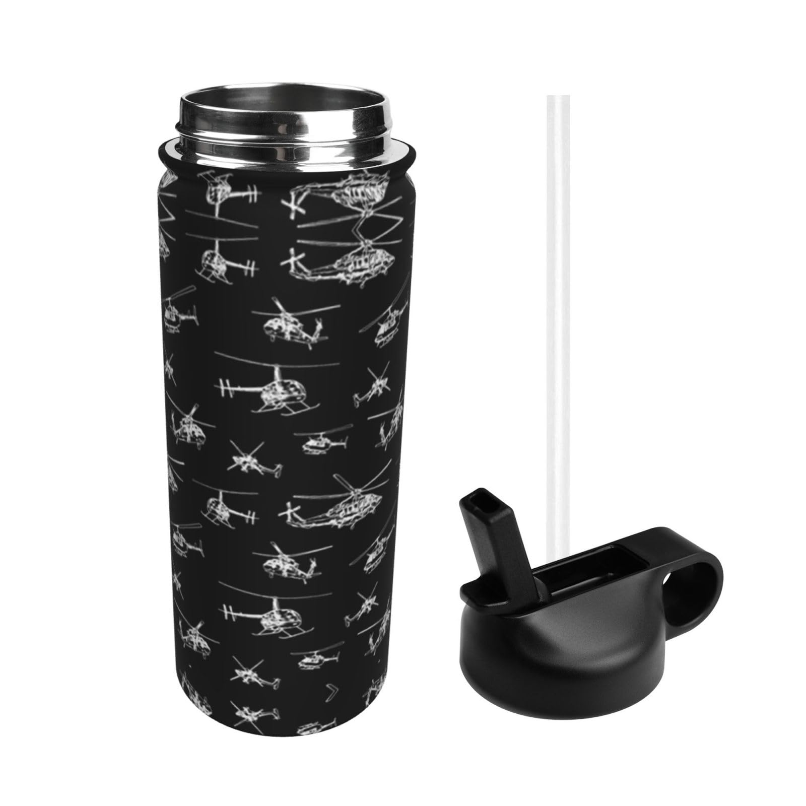 Sport-Trinkflasche mit Hubschrauber-Motiv, 530 ml, isoliert, mit Strohhalm