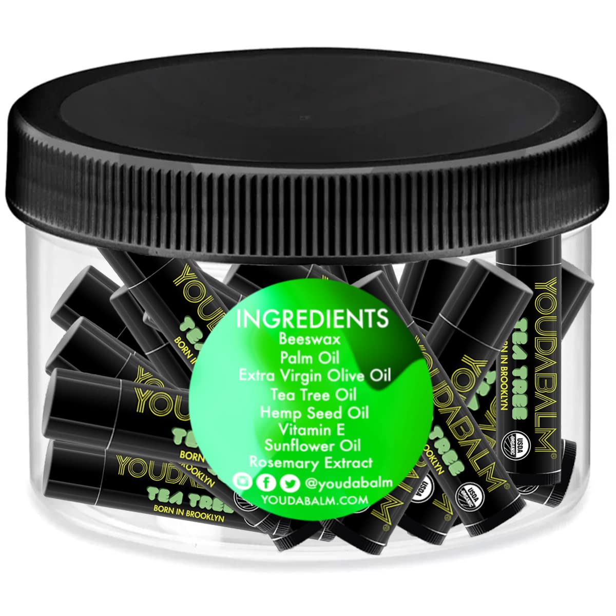 Organic Lip Balm, Tea Tree Flavor - 100% Natural Lip Moisturizer, USDA Certified - Lip Balm for Dry, Cracked Lips (24 Tube Jar)