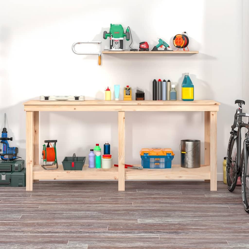 Banco da lavoro in legno di pino massiccio, 180 x 50 x 80 cm, con ripiani, pratico tavolo da lavoro per garage, robusto telaio in legno con molto spazio per attrezzi, incluso supporto da parete per
