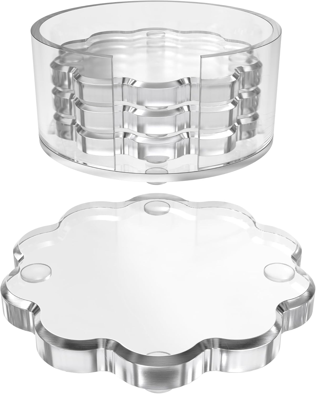 GRAHAM DESIGN Scalloped Acrylic Drink Coaster Set 4‑Pack with Circular Holder – Clear Transparent Minimalist Coasters, Non‑Slip Table Protector, Modern Housewarming Gift