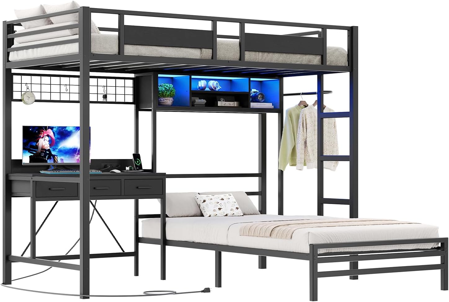 Twin Over Twin Bunk Bed with Desk with 3 Drawers & Storage Shelves, Twin Bunk Bed with Charging Station & LED Lights, Bunk Bed with Guardrail & Ladder for Kids, Teens, Small Spaces, Black