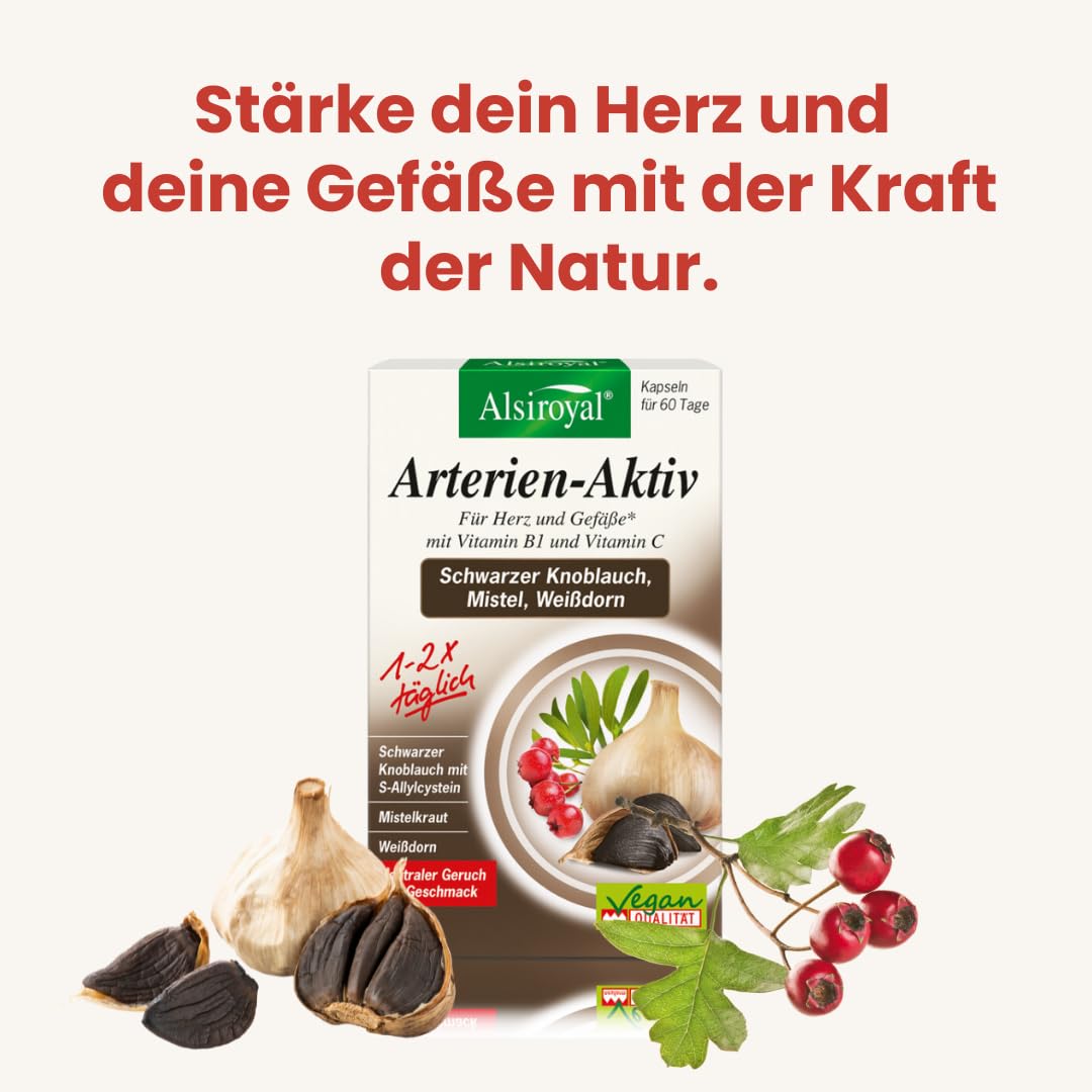 Alsiroyal Schwarzer Knoblauch · hochdosiert 22.500 mg pro Tag mit S-Allylcystein · 45:1 Extrakt · 3-fach-Formel schwarzer Knoblauch, Mistel, Weißdorn · vegan, ohne Zusatzstoffe