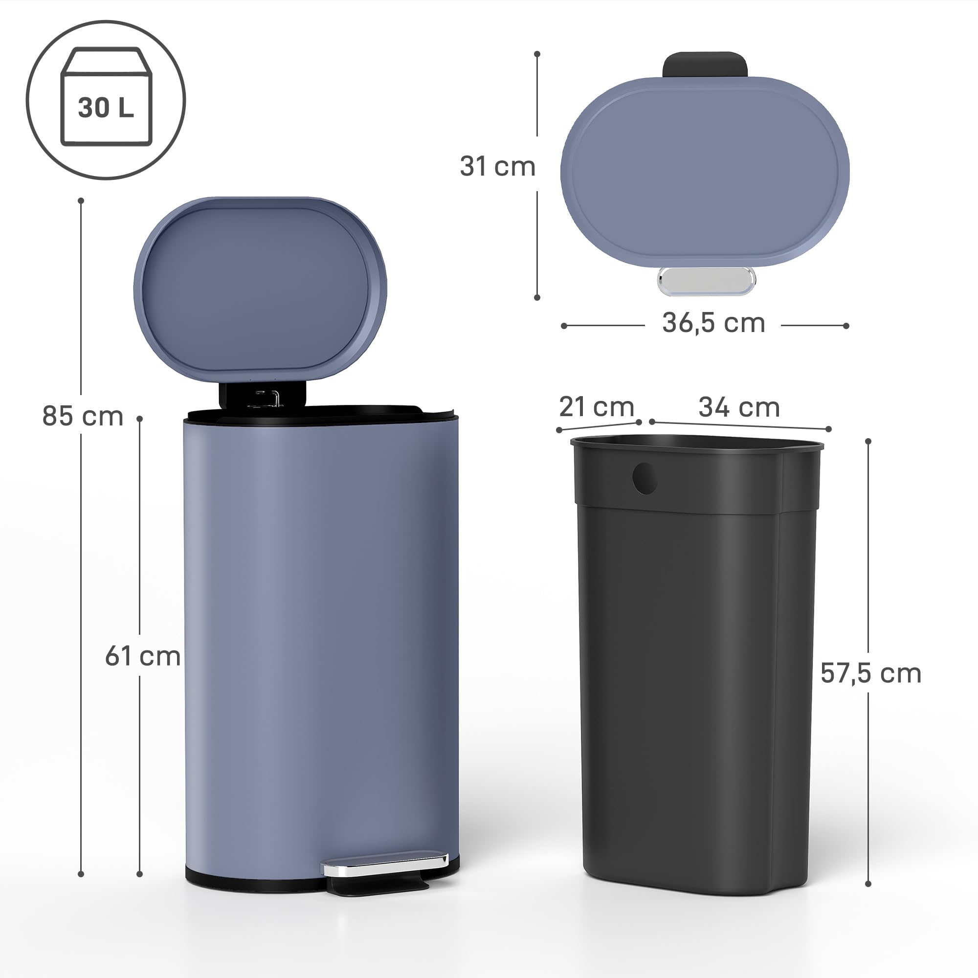 HOMCOM 30L Cestino 90° Coperchio Stay-Open Slim Rett. Ped. Grigio | Soft-Close Coperchio, secchio interno rimovibile, per casa e ufficio, antimpronta