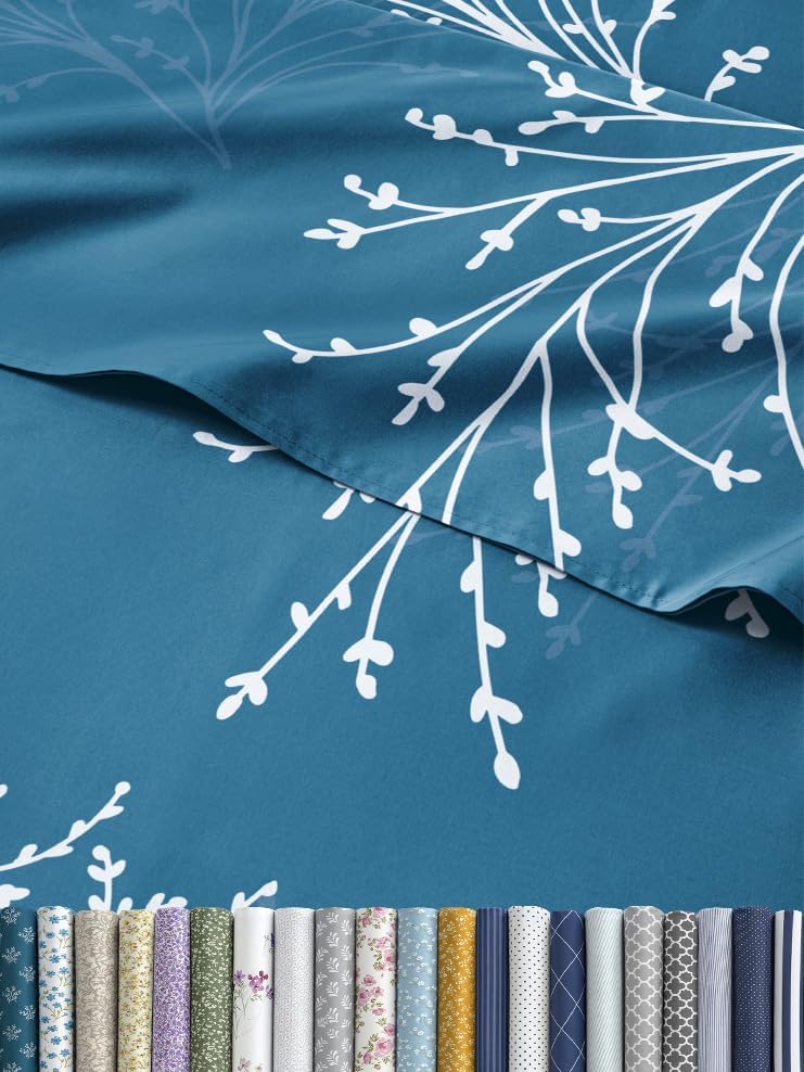 Sábanas florales  Juego de sábanas florales azules y blancas  1 plana, 1 bajera y 2 fundas de almohada con bolsillos profundos  No se arruga ni se