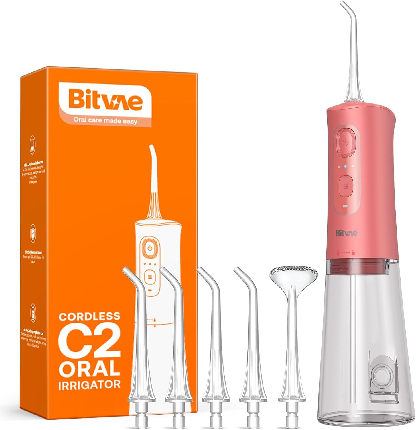 Bitvae Cordless Water Dental Flosser for Teeth, Portable Water Teeth Cleaner Picks, 6 Jet Tips 3 Cleaning Modes, IPX7 Waterproof Water Dental Picks, Coral Orange