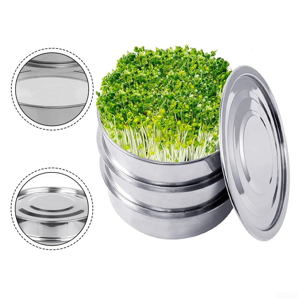 Seed Sprouter Tray, Saatschalen aus Edelstahl, 3-stöckige Keimschalen, Anzuchtschalen mit Deckel und Boden für Gewächshaus und Gärten, Pflanzensamen, für Anzucht von Mungbohnen Alfalfa Weizengras