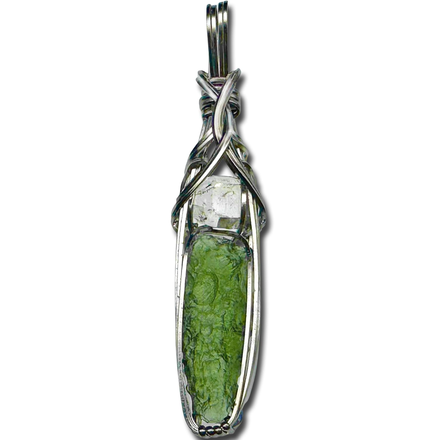 Moldavite Crystal Necklace with Herkimer Diamond Jewelry - Certified Moldavite Crystal Real Czech Republic Stone High Vibrations Moldovite Pendant .9 Gram Moldavite silver steel