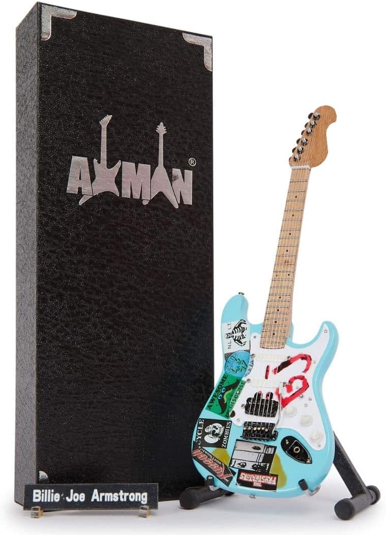 Billie Joe Armstrong - Miniature Guitar Replica - Music Gifts - Handmade Ornamental 1/4 Scale - Includes a Display Box, Name Tag and Miniature Guitar Stand