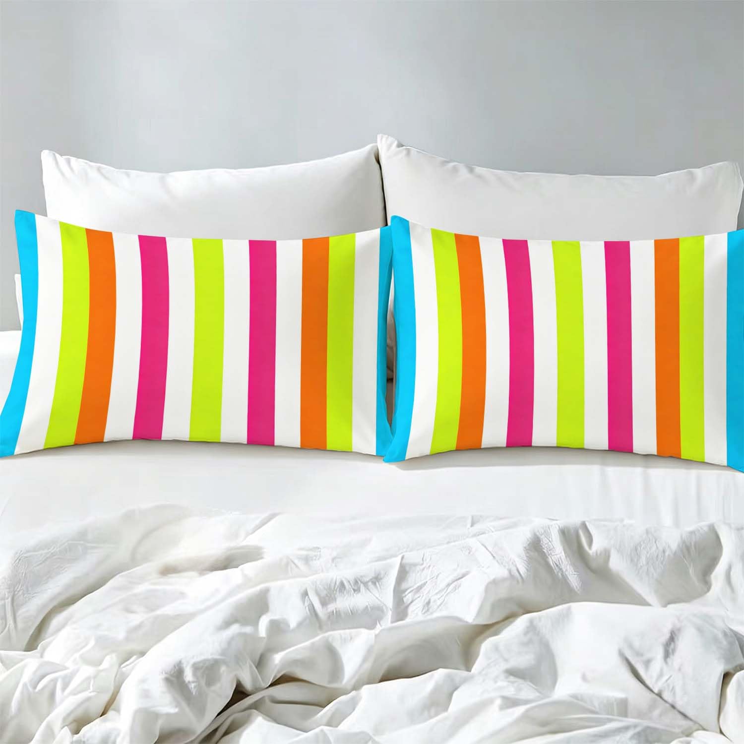 Drap Housse 180x200 cm Rayures de Couleur 3D Drap-Housse Arc en Ciel Draps Housses Microfibre 2 Personnes avec 2 Taie d'oreillers pour Matelas Épais XCW5992