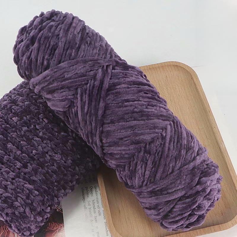 Soft Chunky Chenille Yarn,Cozy Knitting & Crochet,Create Plush Scarves, Hats, Blankets & Decor, 2 Rolls Total 190g, Deep Purple A