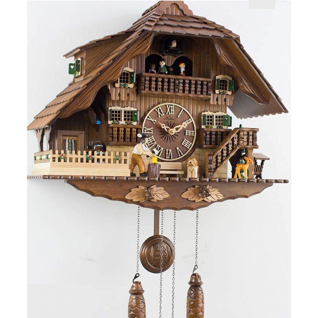 Reloj De Cuco Villa De Madera Maciza Tallada A Mano con Música Y Muñeca Giratoria, Reloj De Pared De Madera De Cuarzo con Volumen Ajustable Y Sensor Nocturno para El Hogar Y La Oficina