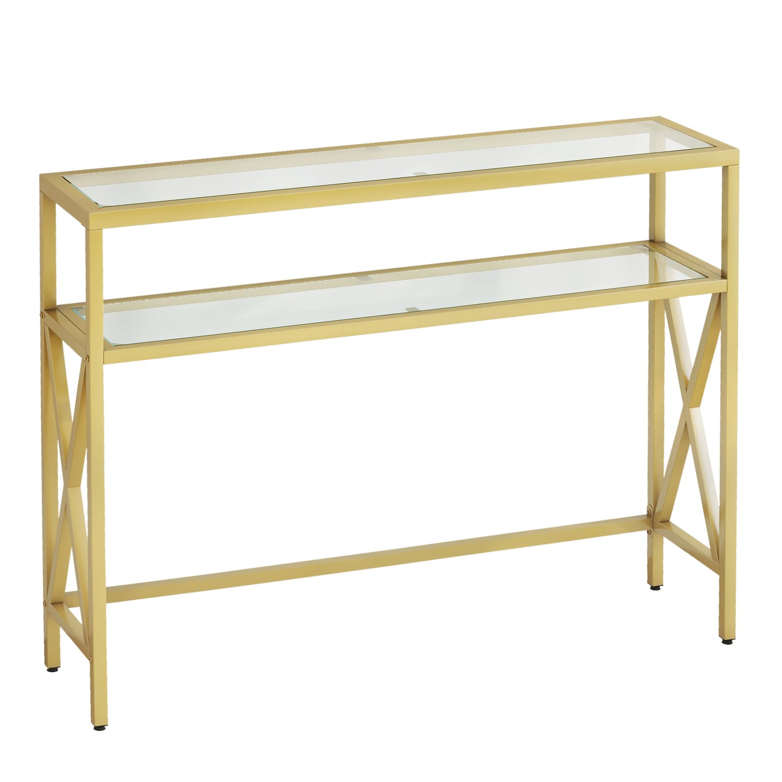 YMYNY Konsolentisch, Gehärtetes Glas Sofa Tisch, Industrieller Eingangstisch für Flur, Schmaler Sofastisch mit Regalen, Kompakter Anzeigetisch für kleine Räume, 101×25×80.5CM Golden HGD007G