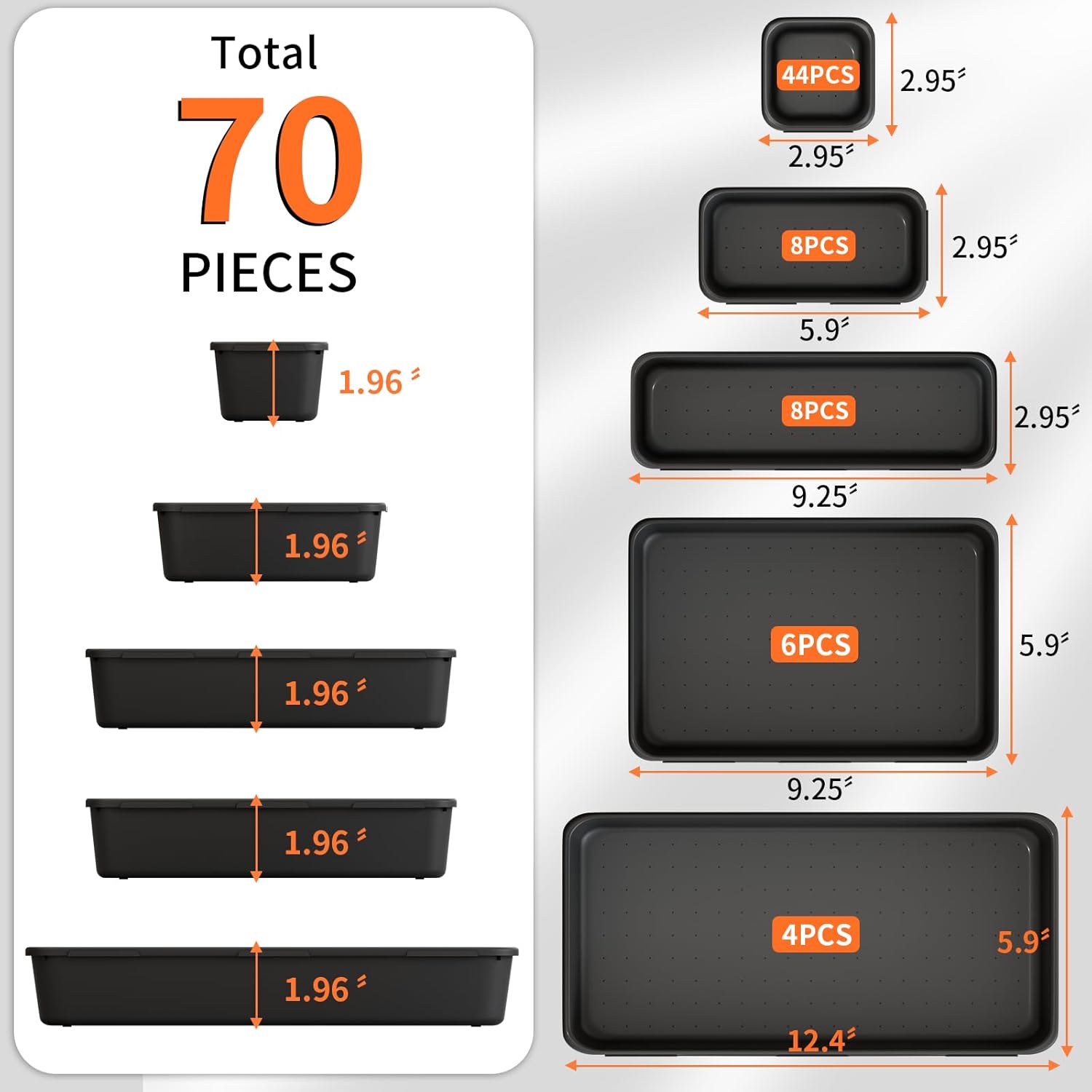 [5-Sizes] 70 Pack Tool Box Organizer Tray, Large 12'' Tools Box Organizers and Storage, for Hammer, Wrench, Screw, Small Parts Toolbox Organization, Tool Cart Chest Garage Drawer Organizer Tray, Black