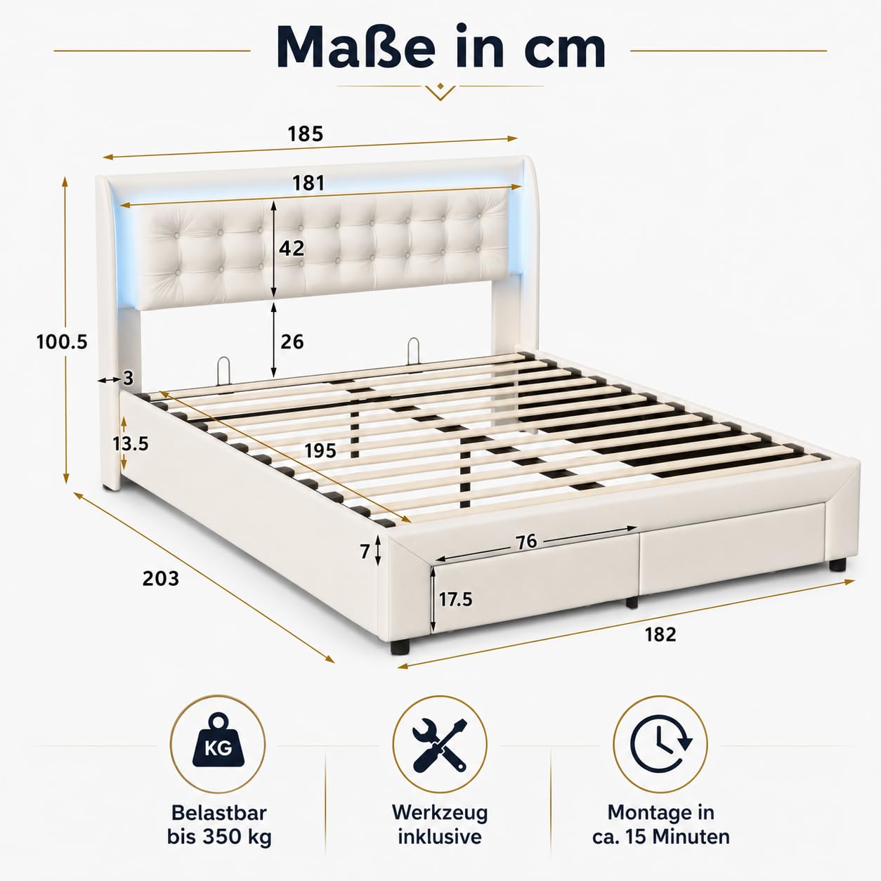 PerGar Letto imbottito 180 x 200 cm, letto matrimoniale a LED con vano portaoggetti e 2 cassetti, letto idraulico, letto funzionale, letto con vano portaoggetti, letto per ragazzi in velluto, senza