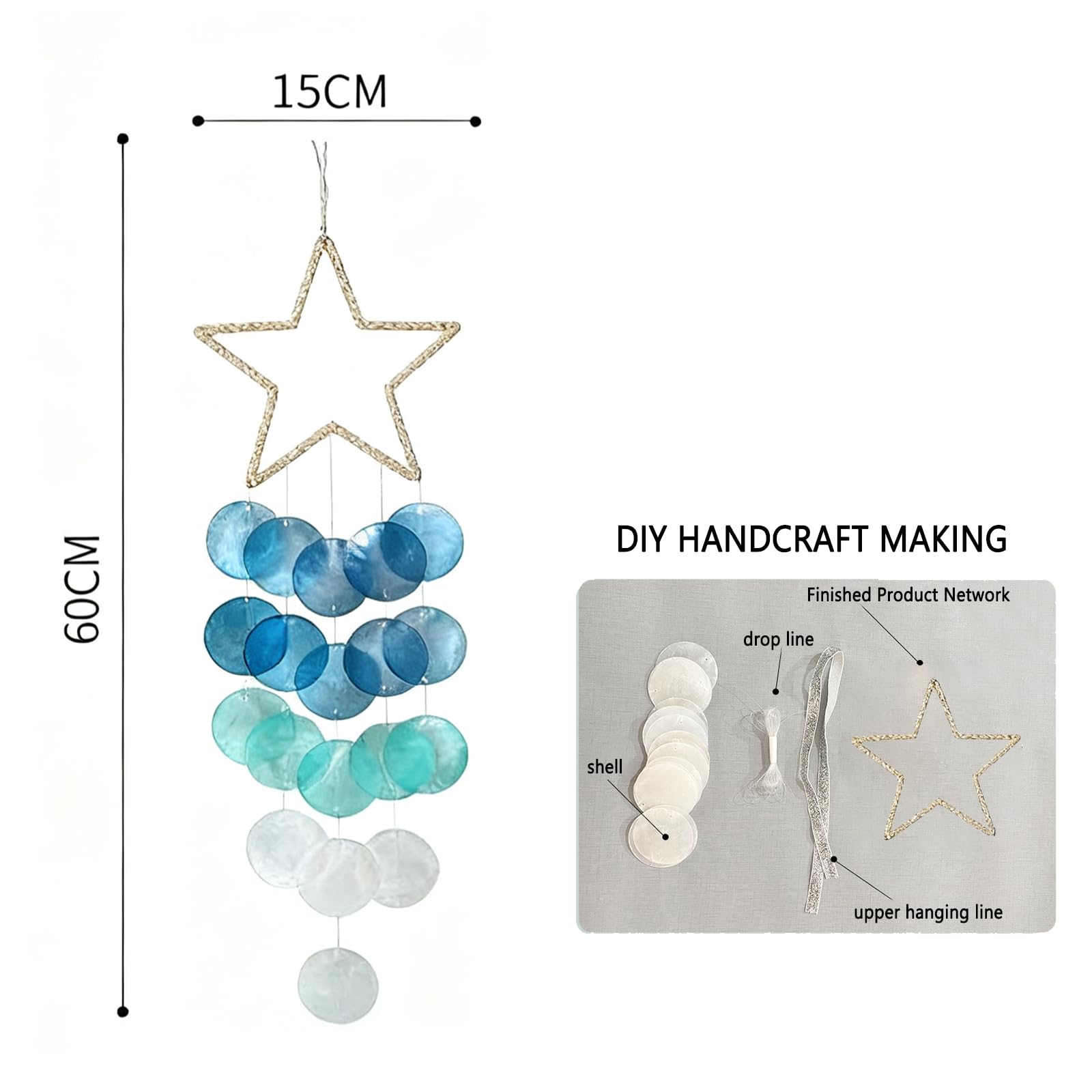 Carillon vento conchiglie appeso esterni - Artigianale, dipinto - Decor blu bianco spiaggia oceano - Per casa e giardino - Regalo ricordo o condoglianze