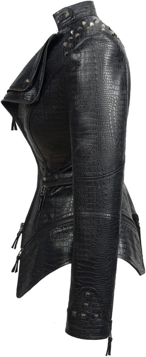 Fashion SX Women's Punk Studded Faux-alligator Print Pattern PU Leather Jackets Zipper Moto Biker Coat - Image 2