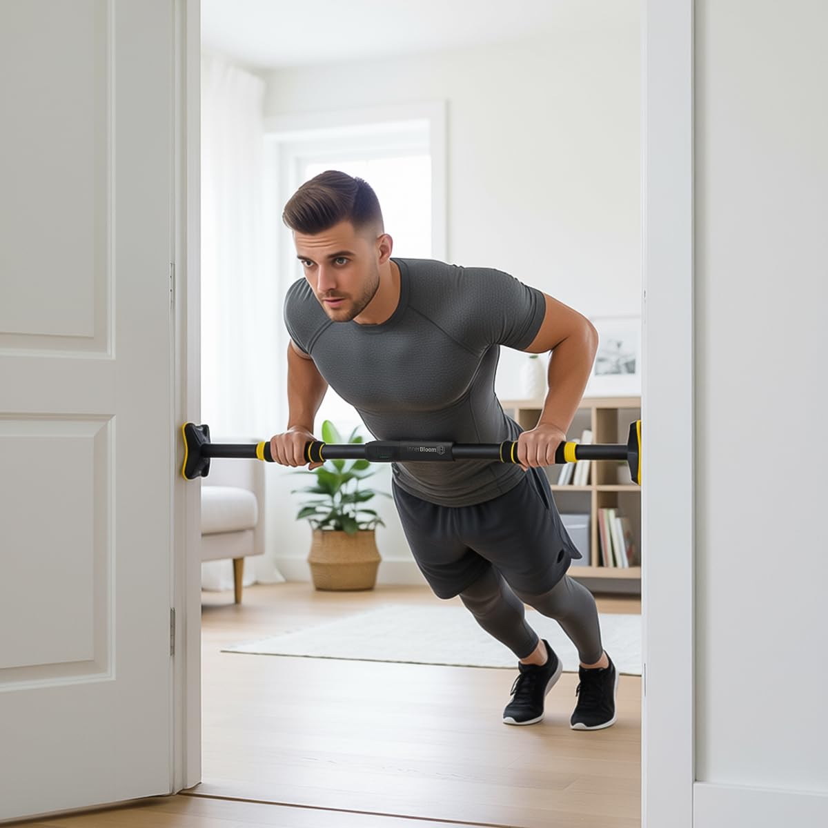 DOORWAY PULL UP BAR FOR HOME WORKOUT, ADJUSTABLE NO-SCREW MECHANISM, NON-SLIP FOAM GRIP, HEAVY DUTY 200KG LOAD CAPACITY, UPPER BODY EXERCISE EQUIPMENT FOR MEN AND WOMEN