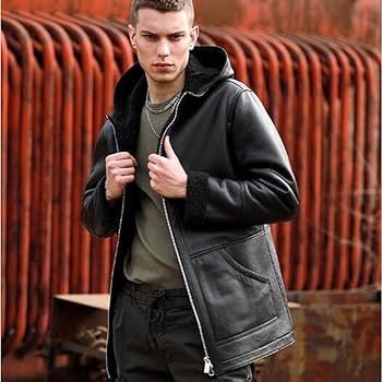 Denny&Dora Mens Black Shearling Jacket Natural Hooded Sheepskin Denny&Dora Mens Black Shearling Jacket Natural Hooded Sheepskin
