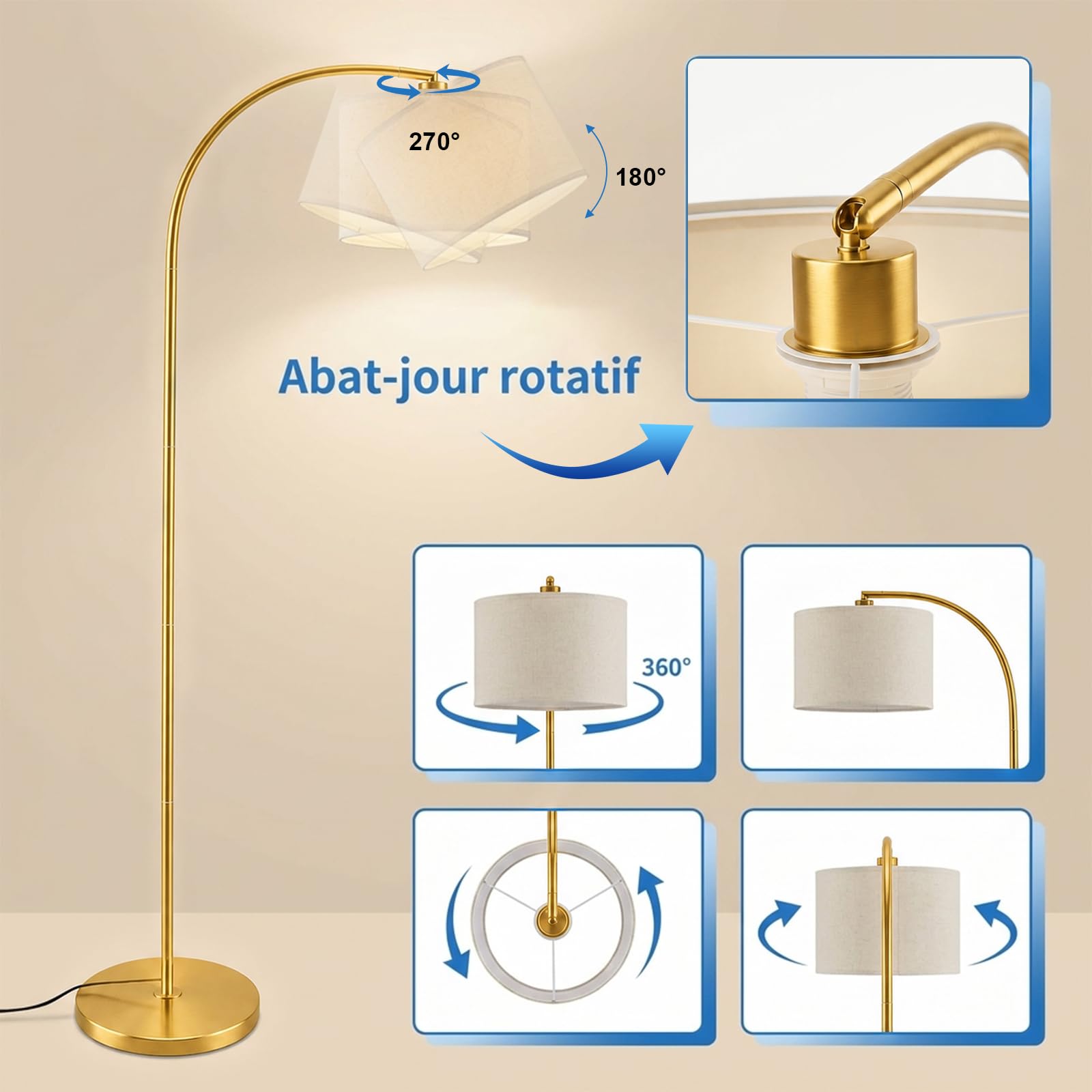 Lampada Da Terra Ad Arco 157 cm, Testa Orientabile, E27, Oro | Paralume in lino, lampadina LED 12W a 3 tonalità inclusa, interruttore a pedale, base stabile in metallo