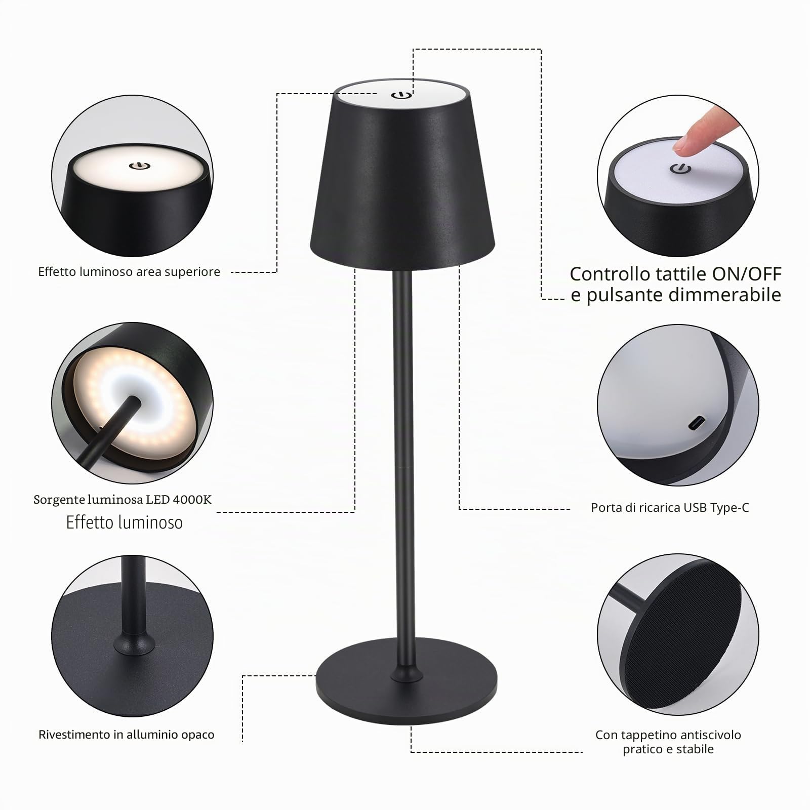 2 lampade dimmerabili LED da tavolo senza fili, ricaricabili, luce calda 3000 K, lampada da tavolo per interni ed esterni, con USB-C, alluminio, impermeabilità IP54, classe energetica A, colore nero